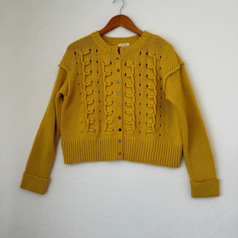 Sundance womens yellow chunky knit button up sweater wool blend size large